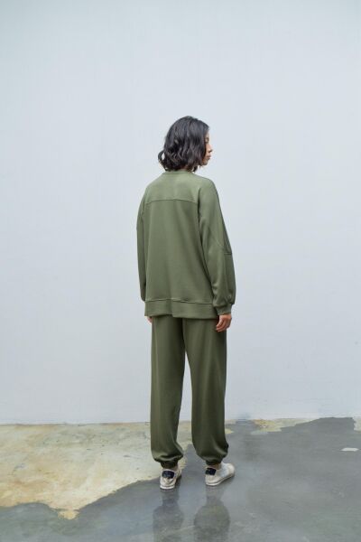 HAKİ Taş Rengi Kadın Jogger Pantolon Ve  Kol Etiket Detaylı  Modal Alt Üst Takım