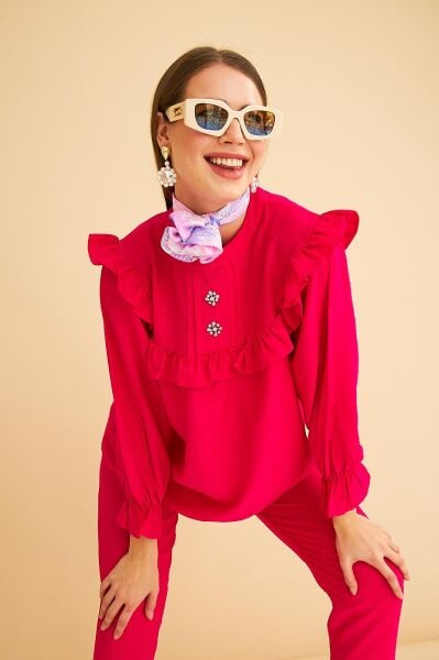 Porty Taş İşlemeli ve Fırfır Detaylı Fuşya Tunik Pantolon Takım