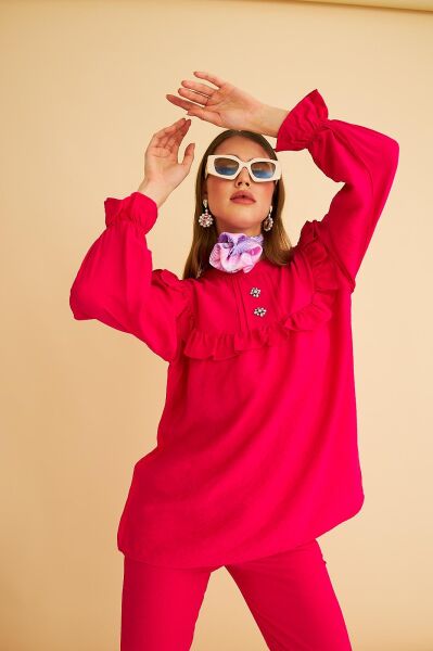 Porty Taş İşlemeli ve Fırfır Detaylı Fuşya Tunik Pantolon Takım