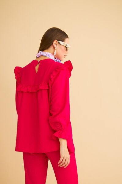 Porty Taş İşlemeli ve Fırfır Detaylı Fuşya Tunik Pantolon Takım