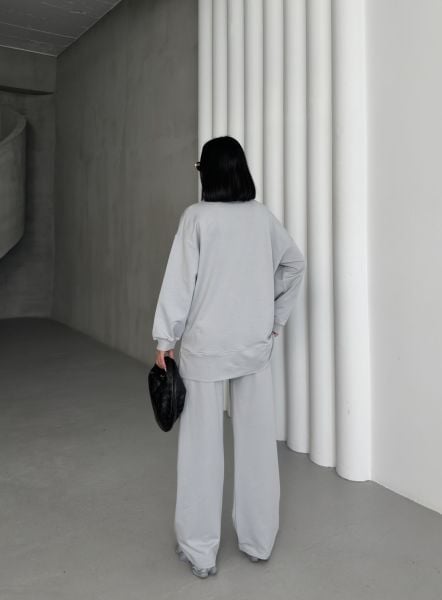 Boyalı Gri Kadın Oversize Yarım Fermuar Kapamalı Cep Üzeri Taşlı Bol Paça Pamuklu Örme Alt Üst Takım