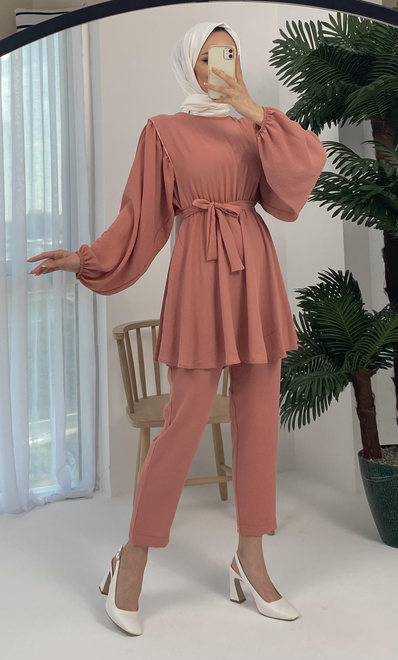 Aden Omuz Taşlı Kuşaklı Bluz Pantolon Pudra Takım