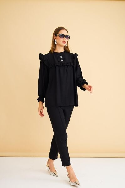 Porty Taş İşlemeli ve Fırfır Detaylı Siyah Tunik Pantolon Takım