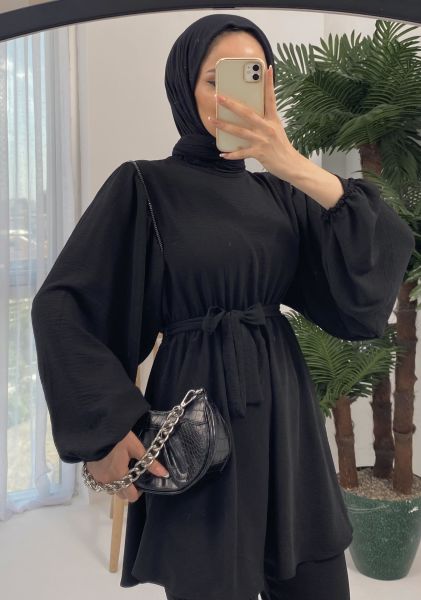 Aden Omuz Taşlı Kuşaklı Bluz Pantolon Siyah Takım