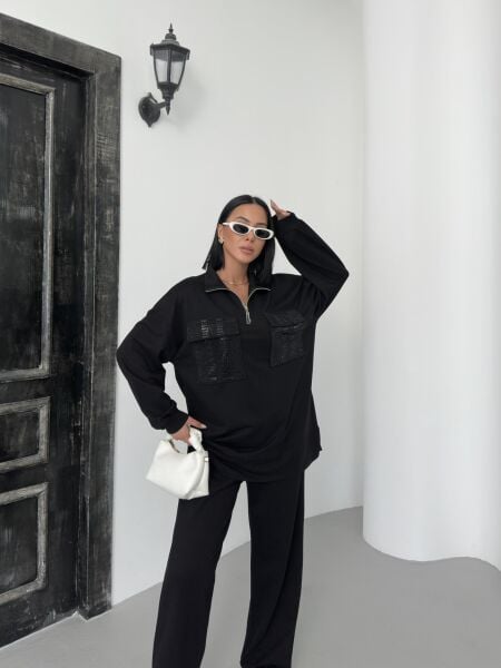 Siyah Kadın Oversize Yarım Fermuar Kapamalı Cep Üzeri Taşlı Bol Paça Pamuklu Örme Alt Üst Takım