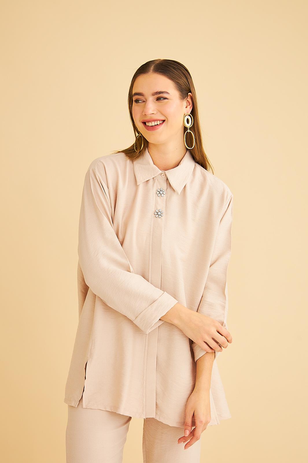 Afra Taş İşlemeli Keten Dokuma Taş Gömlek Pantolon Takım