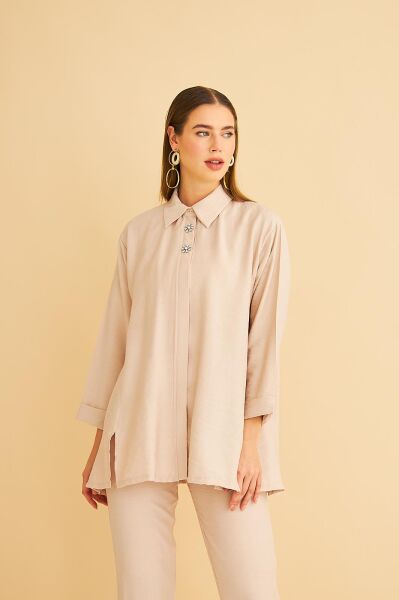 Afra Taş İşlemeli Keten Dokuma Taş Gömlek Pantolon Takım