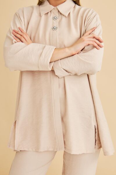 Afra Taş İşlemeli Keten Dokuma Taş Gömlek Pantolon Takım