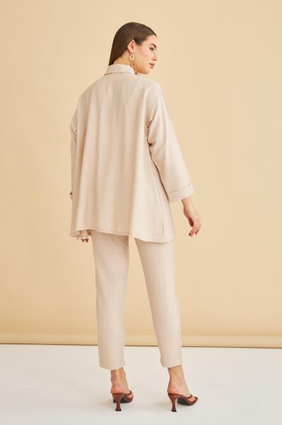 Afra Taş İşlemeli Keten Dokuma Taş Gömlek Pantolon Takım