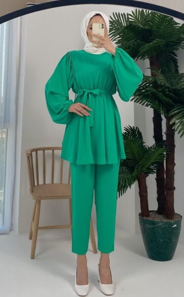 Aden Omuz Taşlı Kuşaklı Bluz Pantolon Yeşil Takım