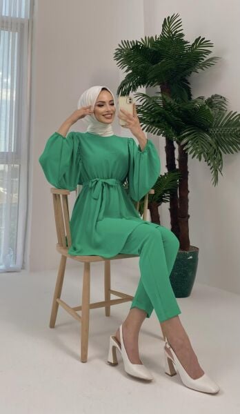 Aden Omuz Taşlı Kuşaklı Bluz Pantolon Yeşil Takım