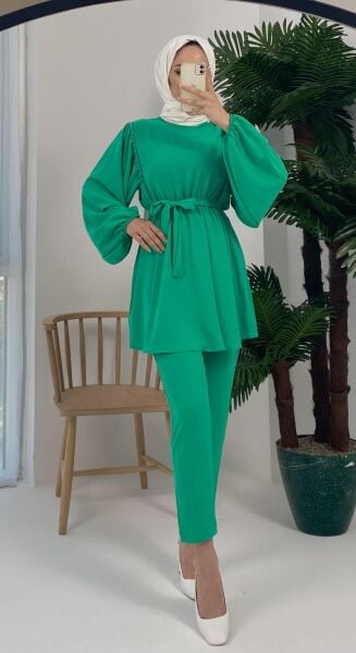 Aden Omuz Taşlı Kuşaklı Bluz Pantolon Yeşil Takım
