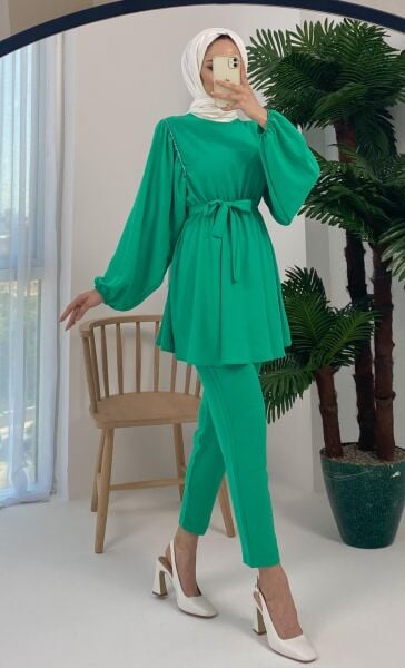Aden Omuz Taşlı Kuşaklı Bluz Pantolon Yeşil Takım