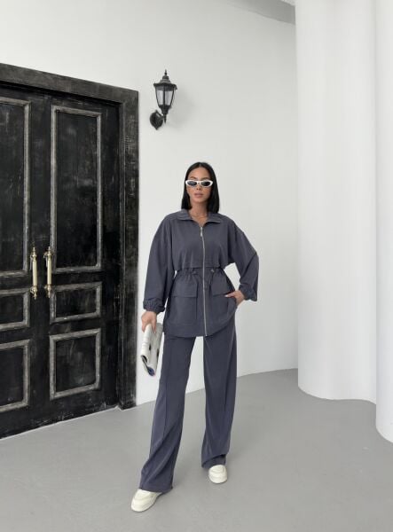 Füme Kadın Bel Lastik Detaylı Cepli Fermuar Kapamalı Oversize Modal Alt Üst Takım