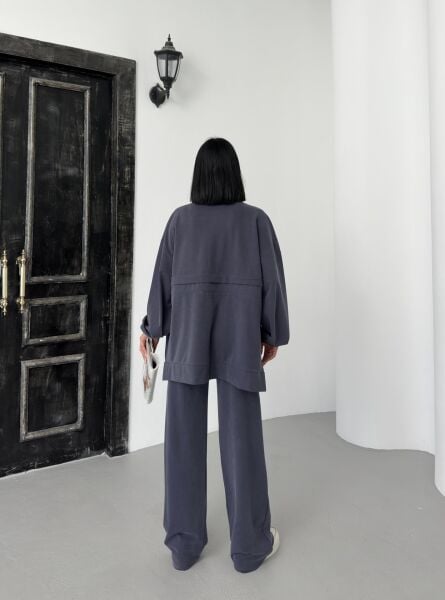 Füme Kadın Bel Lastik Detaylı Cepli Fermuar Kapamalı Oversize Modal Alt Üst Takım