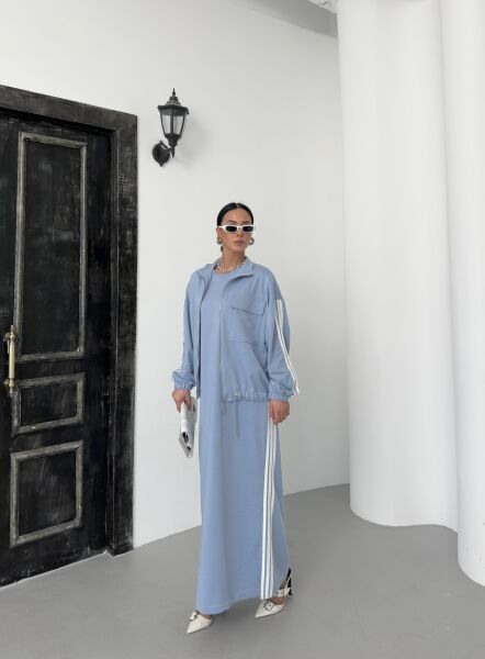 İndigo Kadın Oversize Kalıp Etek Ucu Yırtmaç Detaylı Elbise Ve Fermuar Kapamalı Cepli Lastikli Sweat Pamuklu Örme Takım