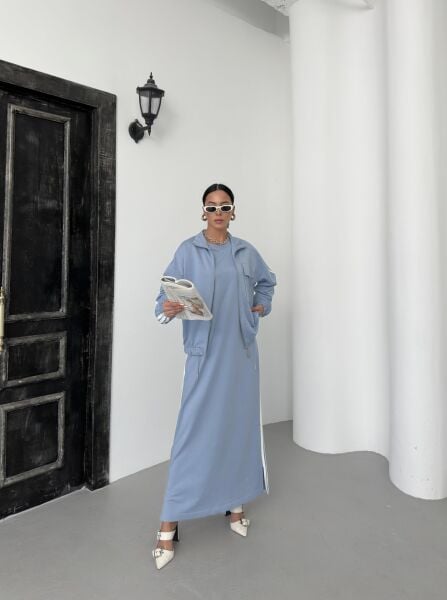 İndigo Kadın Oversize Kalıp Etek Ucu Yırtmaç Detaylı Elbise Ve Fermuar Kapamalı Cepli Lastikli Sweat Pamuklu Örme Takım