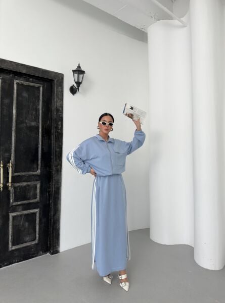 İndigo Kadın Oversize Kalıp Etek Ucu Yırtmaç Detaylı Elbise Ve Fermuar Kapamalı Cepli Lastikli Sweat Pamuklu Örme Takım