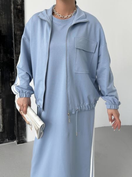 İNDİGO Kadın Oversize Kalıp Etek Ucu Yırtmaç Detaylı Elbise Ve Fermuar Kapamalı Cepli Lastikli Sweat Pamuklu Örme Takım