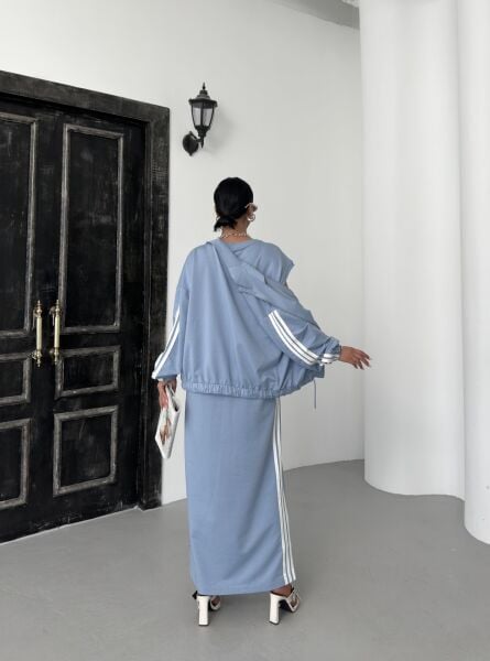 İndigo Kadın Oversize Kalıp Etek Ucu Yırtmaç Detaylı Elbise Ve Fermuar Kapamalı Cepli Lastikli Sweat Pamuklu Örme Takım