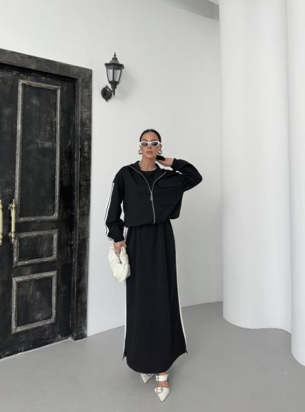 Siyah Kadın Oversize Kalıp Etek Ucu Yırtmaç Detaylı Elbise Ve Fermuar Kapamalı Cepli Lastikli Sweat Pamuklu Örme Takım