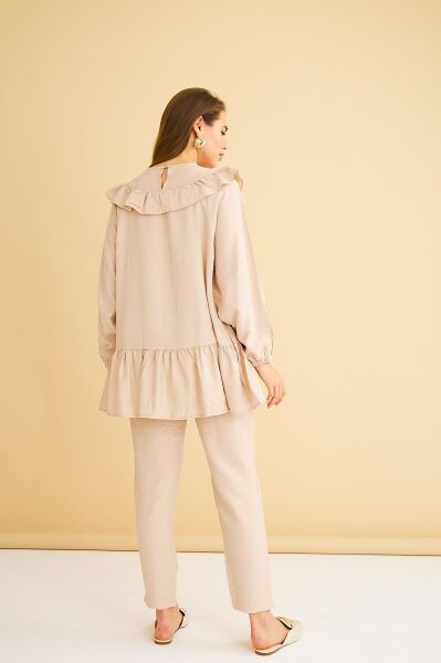 Luxe Fırfırlı ve Taşlı Keten Taş Tunik Pantolon Takım