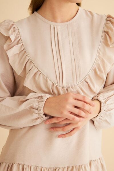 Luxe Fırfırlı ve Taşlı Keten Taş Tunik Pantolon Takım