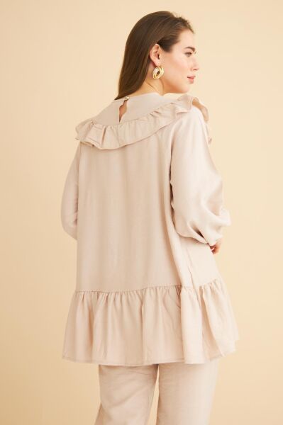 Luxe Fırfırlı ve Taşlı Keten Taş Tunik Pantolon Takım