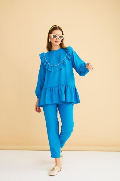 Luxe Fırfırlı ve Taşlı Keten Mavi Tunik Pantolon Takım