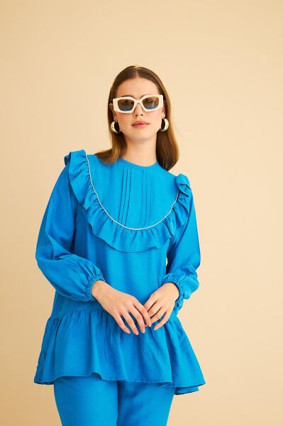 Luxe Fırfırlı ve Taşlı Keten Mavi Tunik Pantolon Takım