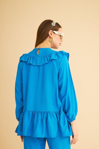 Luxe Fırfırlı ve Taşlı Keten Mavi Tunik Pantolon Takım