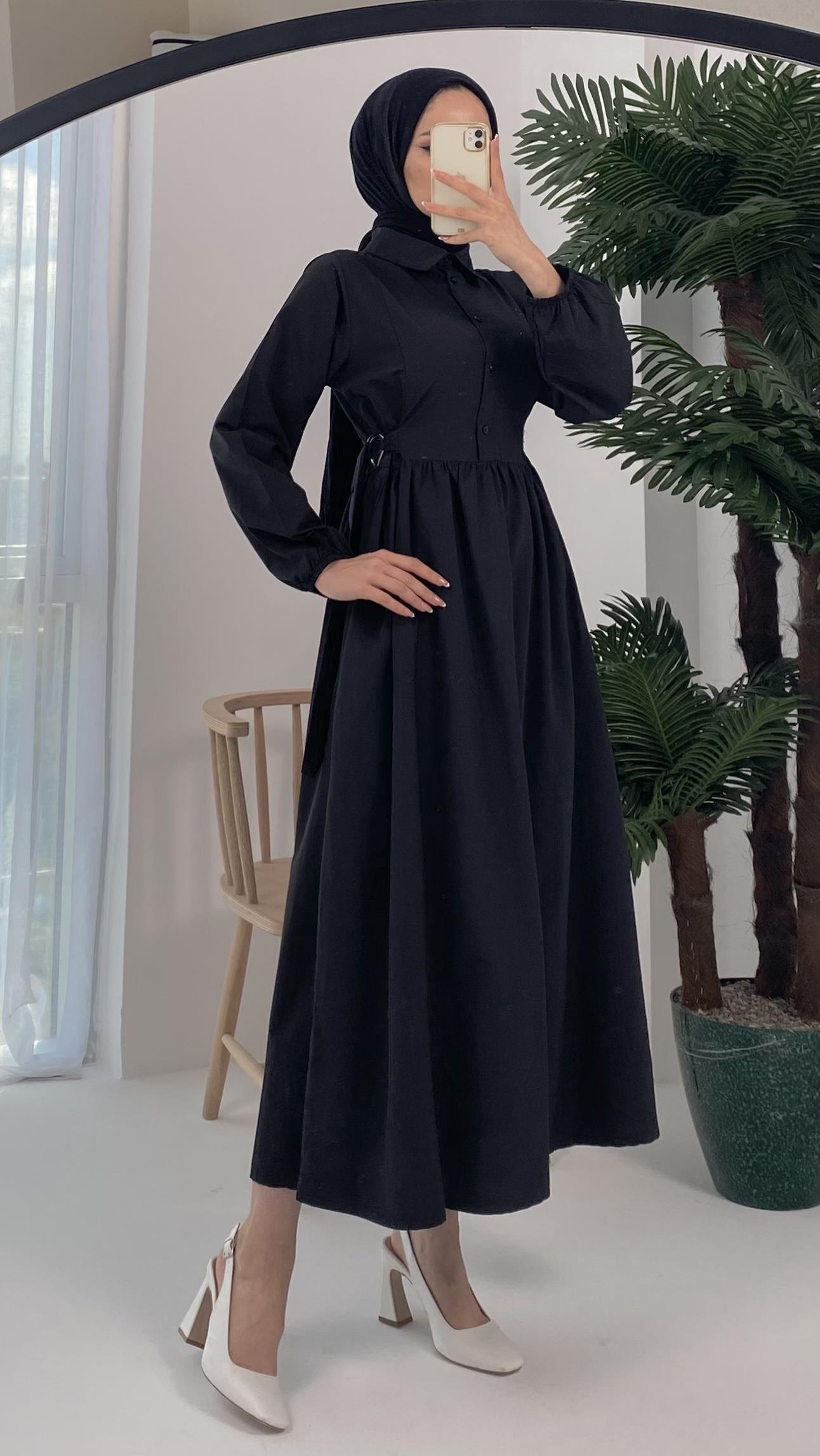 Macron Bel Tokalı Siyah Elbise