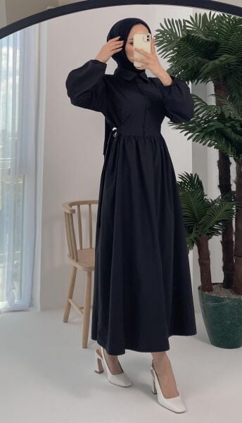 Macron Bel Tokalı Siyah Elbise