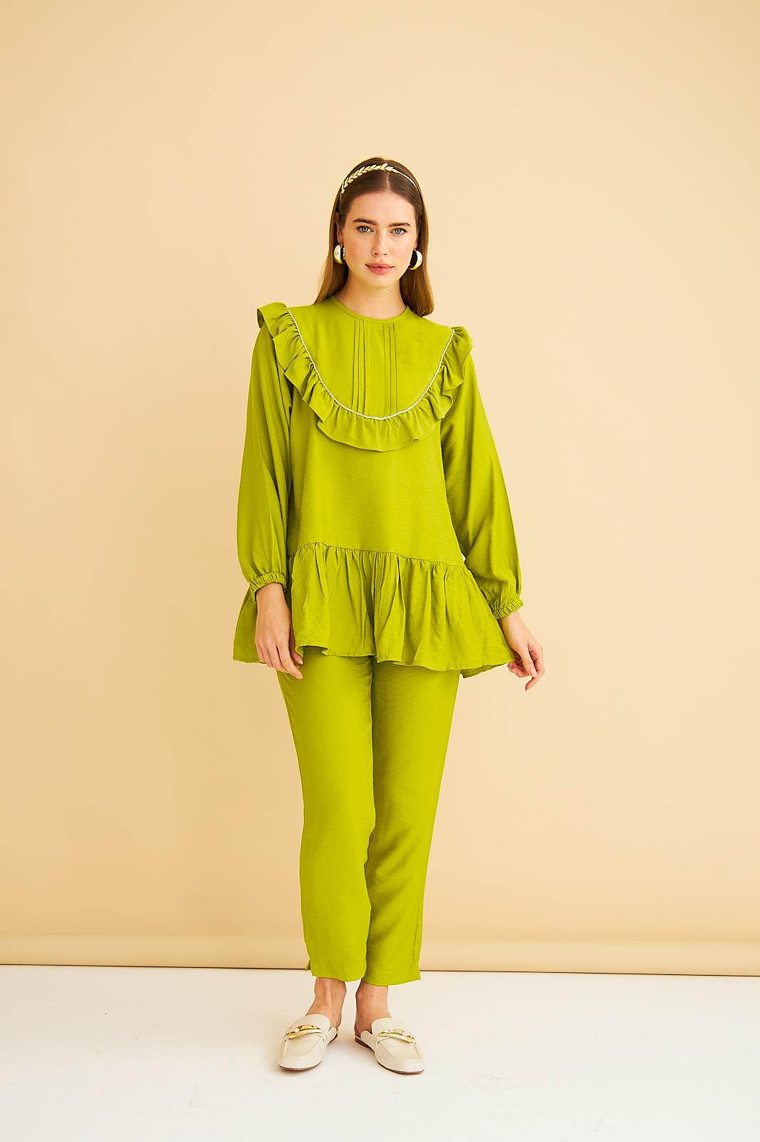 Luxe Fırfırlı ve Taşlı Keten Olive Tunik Pantolon Takım