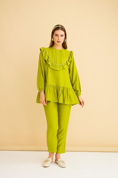 Luxe Fırfırlı ve Taşlı Keten Olive Tunik Pantolon Takım