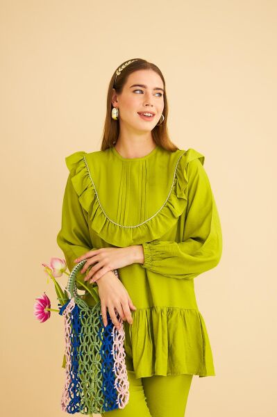 Luxe Fırfırlı ve Taşlı Keten Olive Tunik Pantolon Takım