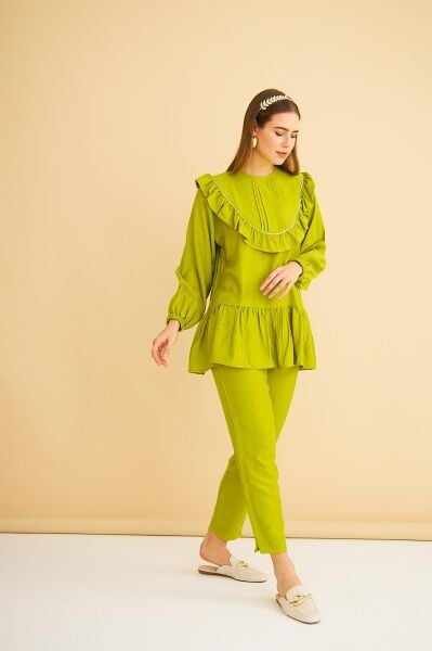 Luxe Fırfırlı ve Taşlı Keten Olive Tunik Pantolon Takım