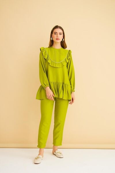 Luxe Fırfırlı ve Taşlı Keten Olive Tunik Pantolon Takım