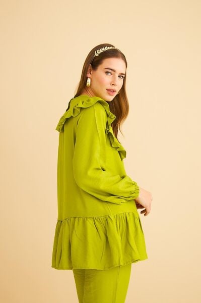 Luxe Fırfırlı ve Taşlı Keten Olive Tunik Pantolon Takım