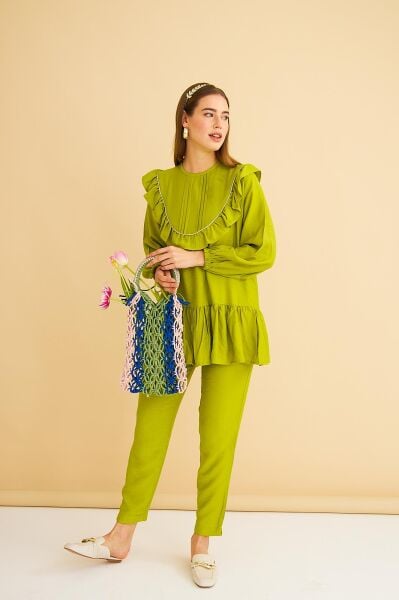 Luxe Fırfırlı ve Taşlı Keten Olive Tunik Pantolon Takım