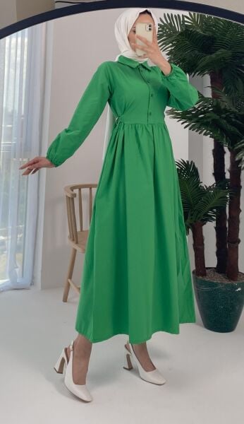 Macron Bel Tokalı Yeşil Elbise