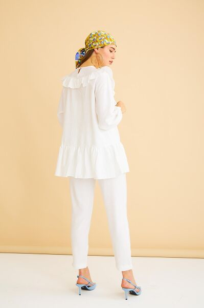 Luxe Fırfırlı ve Taşlı Keten Ekru Tunik Pantolon Takım