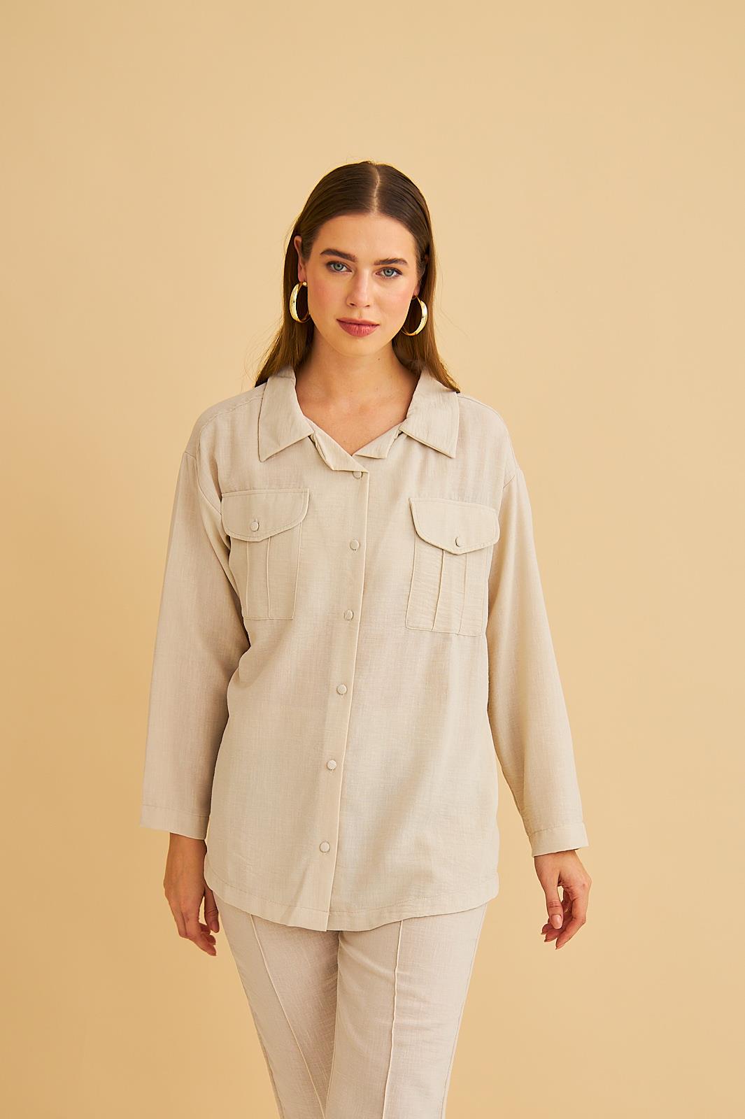 Raxy Cepli ve Nervürlü Keten Taş Gömlek Pantolon Takım