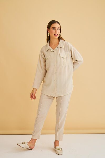 Raxy Cepli ve Nervürlü Keten Taş Gömlek Pantolon Takım