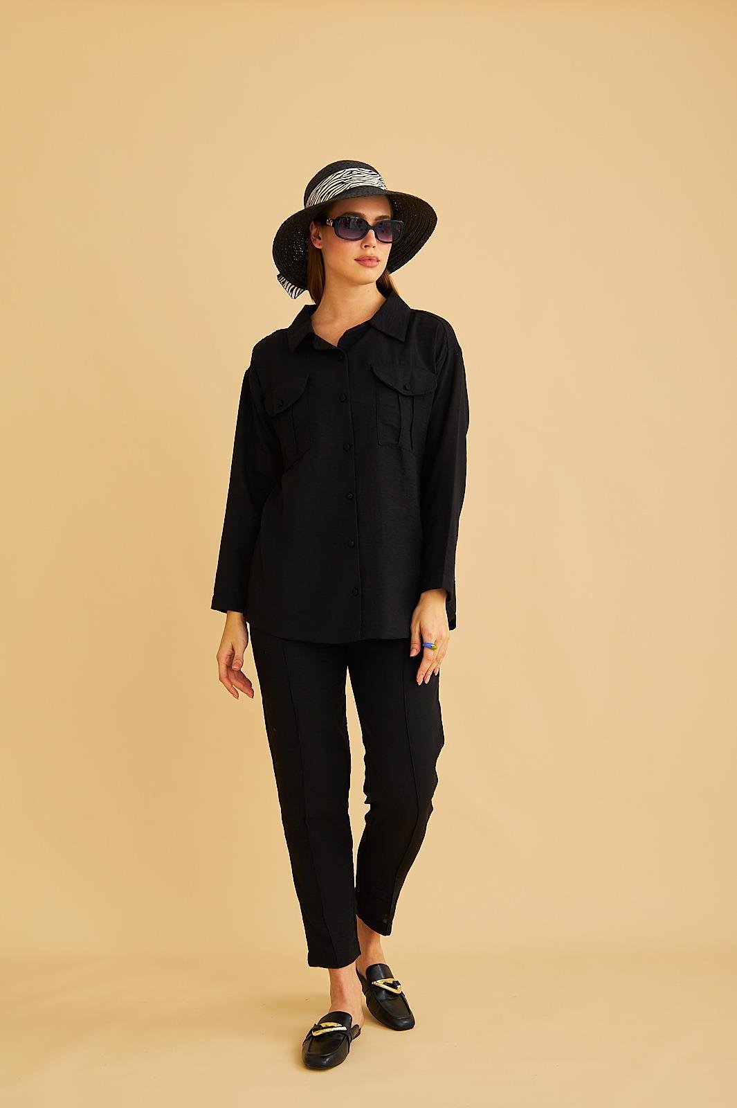 Raxy Cepli ve Nervürlü Keten Siyah Gömlek Pantolon Takım