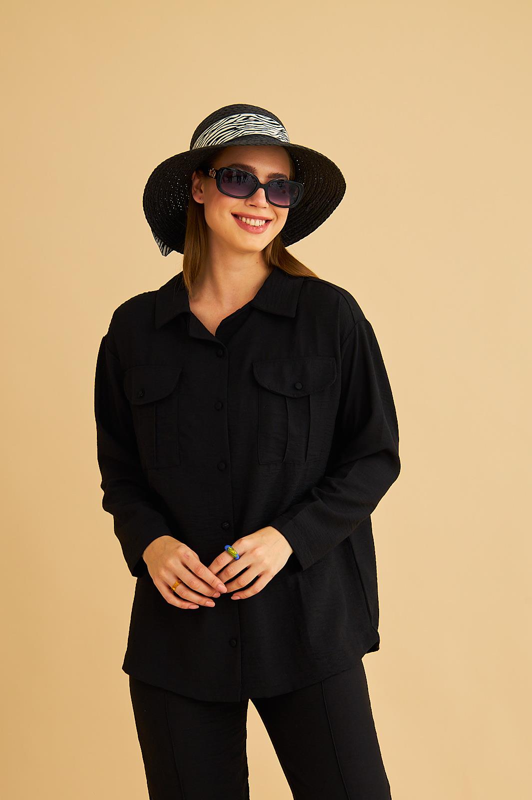 Raxy Cepli ve Nervürlü Keten Siyah Gömlek Pantolon Takım