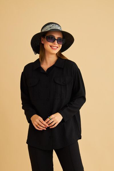 Raxy Cepli ve Nervürlü Keten Siyah Gömlek Pantolon Takım