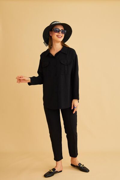 Raxy Cepli ve Nervürlü Keten Siyah Gömlek Pantolon Takım