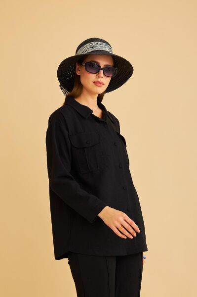 Raxy Cepli ve Nervürlü Keten Siyah Gömlek Pantolon Takım