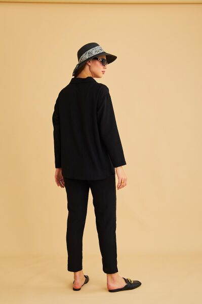 Raxy Cepli ve Nervürlü Keten Siyah Gömlek Pantolon Takım